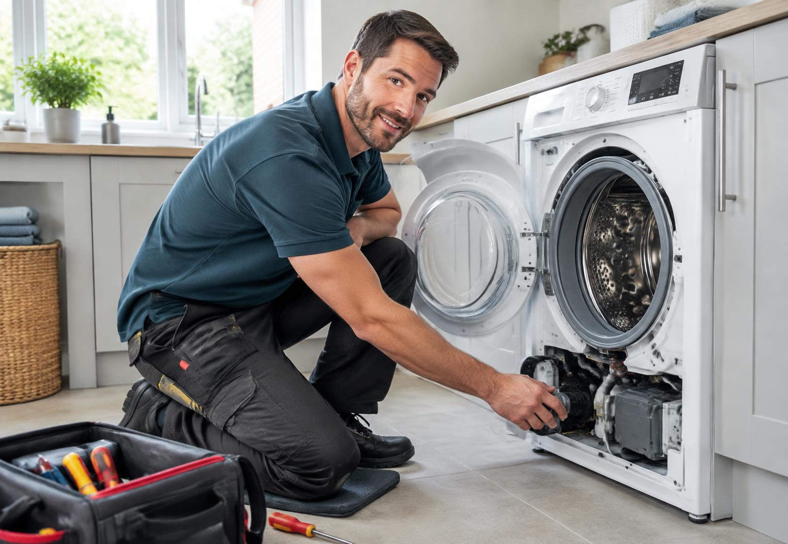 Appliance engineer repairing a washing machine